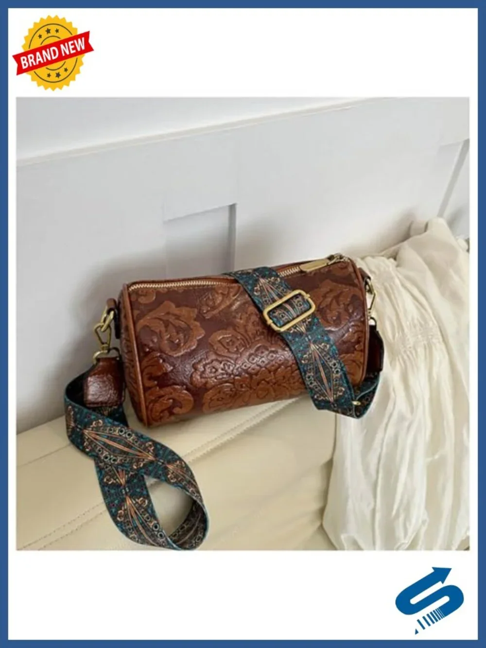 Vintage Floral Embossed Crossbody Purse with 2 Interchangeable Straps, PU